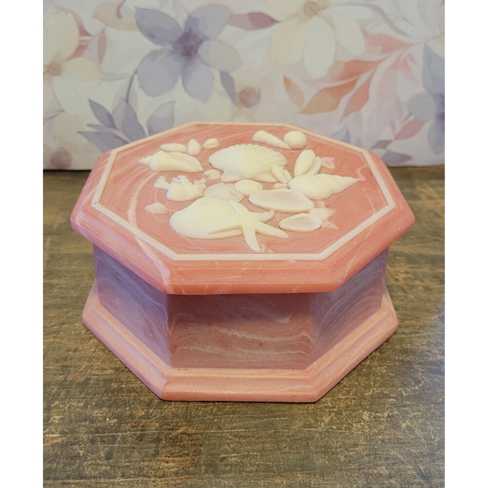 Vintage Pink Incolay Stone Octagon Trinket Box Embossed Seashell Cameo Box